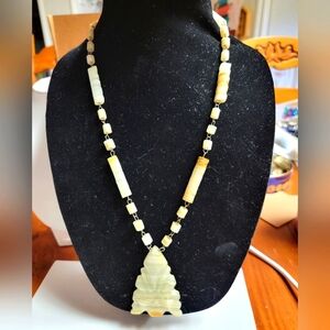 Hand Carved Mexican Onyx Face god Necklace 12"+ 2.75" pendant 60s 70s Rare